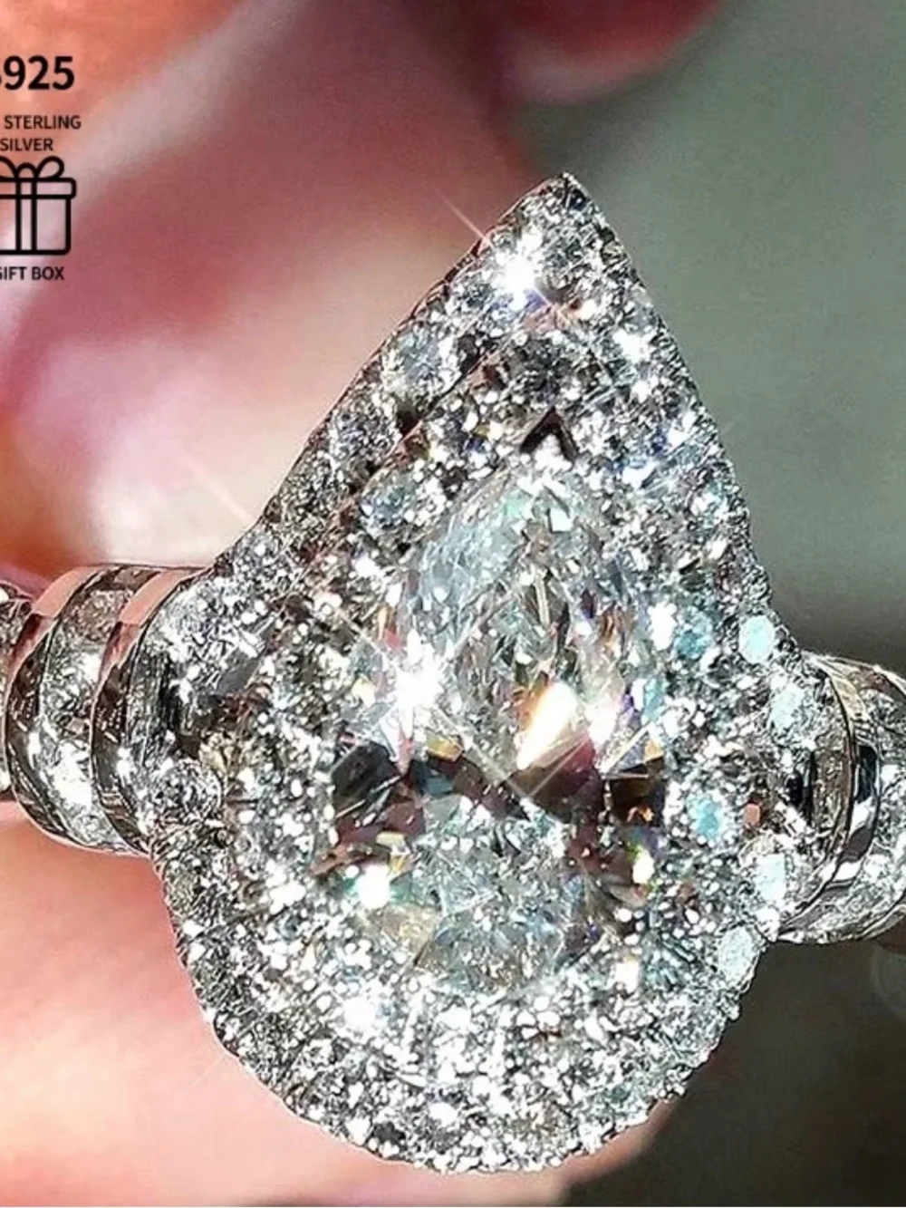 NWT-3CTW Sterling Silver double-halo pear/teardrop moissanite engagement ring